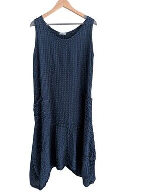 Linen Lagenlook Cottage Sleeveless Navy Textured Midi Dress Women's Size M
